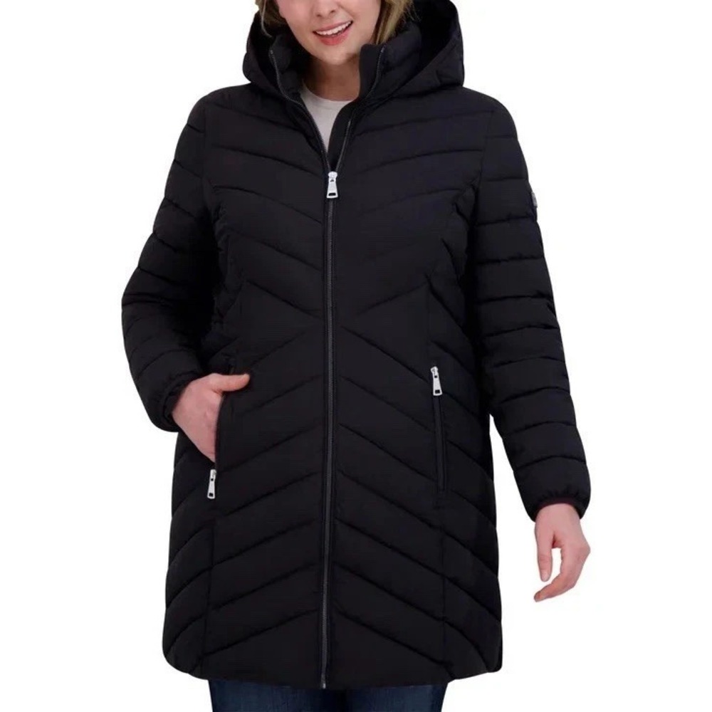 DKNY Womens Hooded Puffer Jacket Black Quilted Mid-Length Coat Size Medium